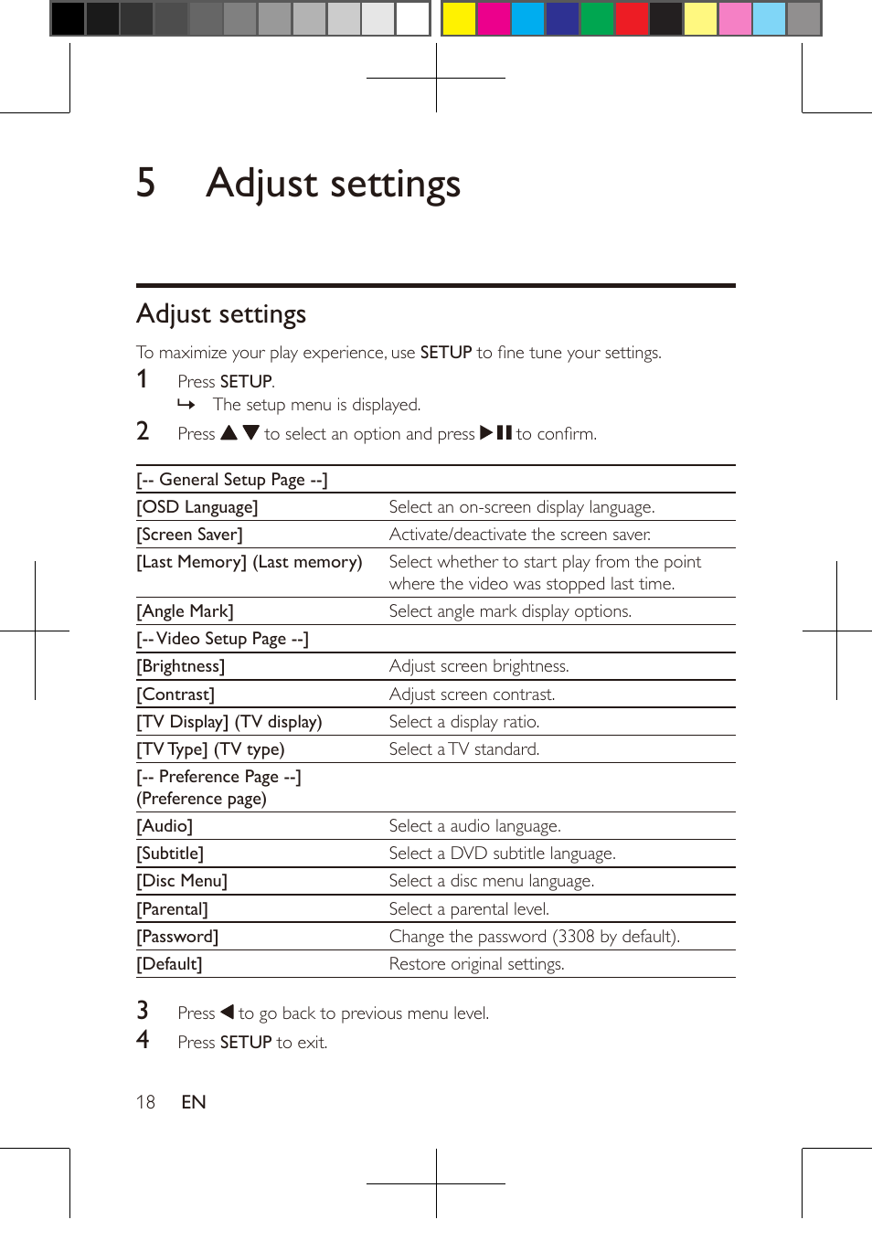 5 adjust settings, Adjust settings | Philips PD9016-37 User Manual | Page 18 / 23