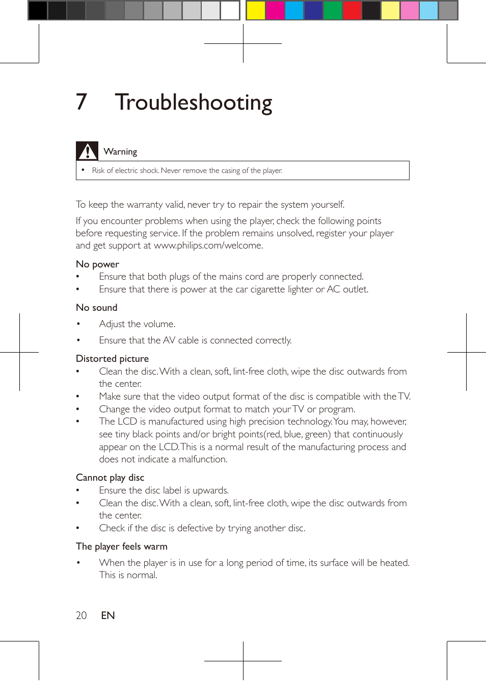 7 troubleshooting | Philips PD9016-37 User Manual | Page 20 / 23