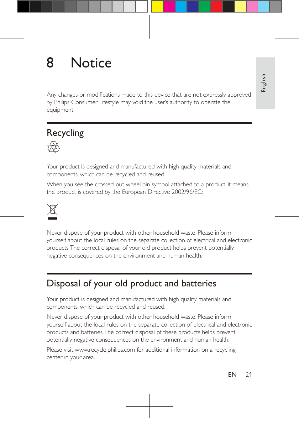 8 notice, Recycling, Disposal of your old product and batteries | Philips PD9016-37 User Manual | Page 21 / 23