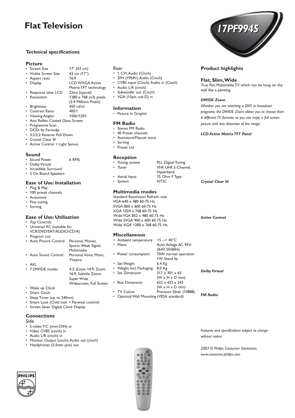 Flat television | Philips 17PF9945-37 User Manual | Page 2 / 2