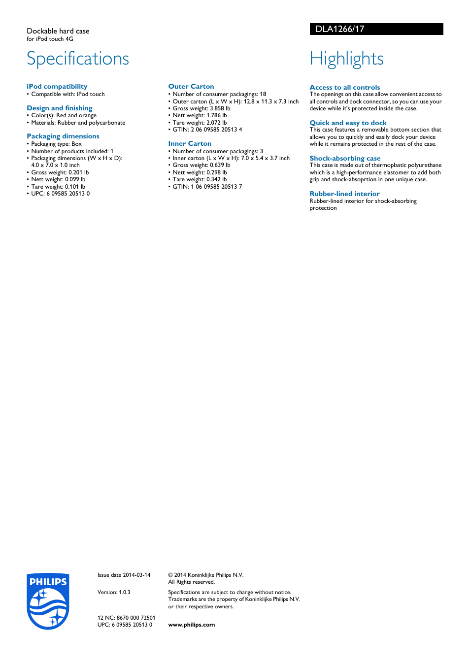 Specifications, Highlights | Philips DLA1266-17 User Manual | Page 2 / 2