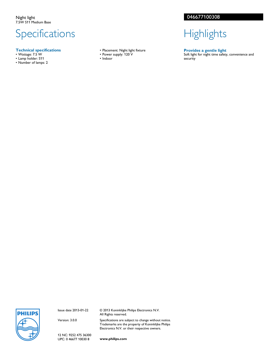 Specifications, Highlights | Philips 046677100308 User Manual | Page 2 / 2