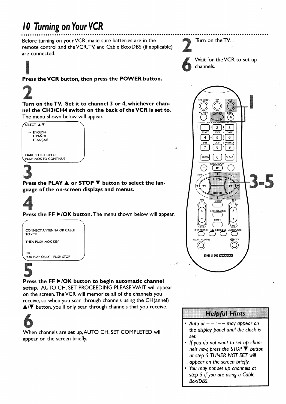 Press the vcr button, then press the power button, 10 turning on your vcr | Philips VRA456AT User Manual | Page 10 / 58