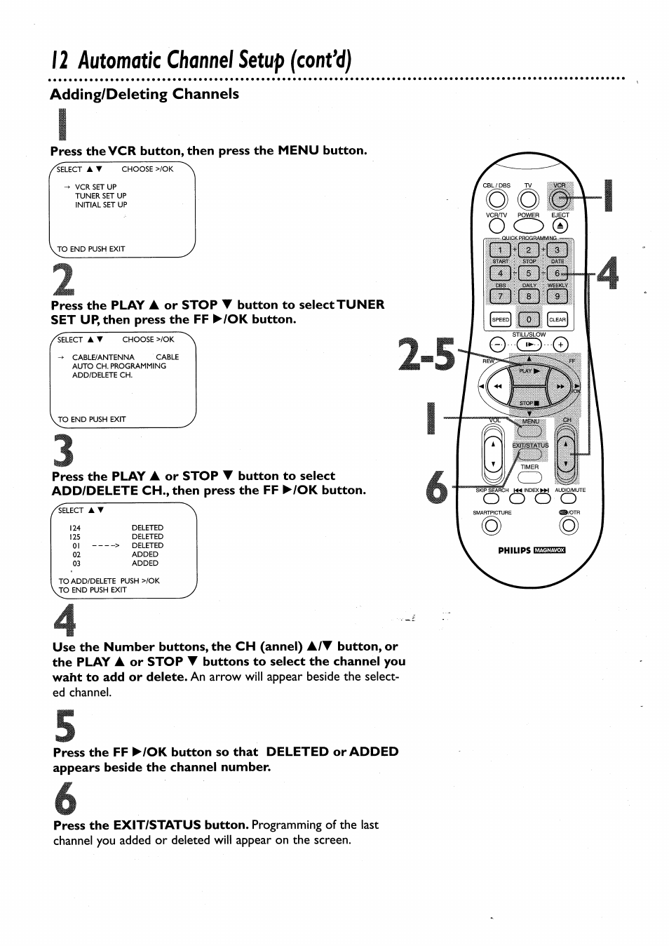 12 automatic channel setup (confd), Adding/deleting channels | Philips VRA456AT User Manual | Page 12 / 58