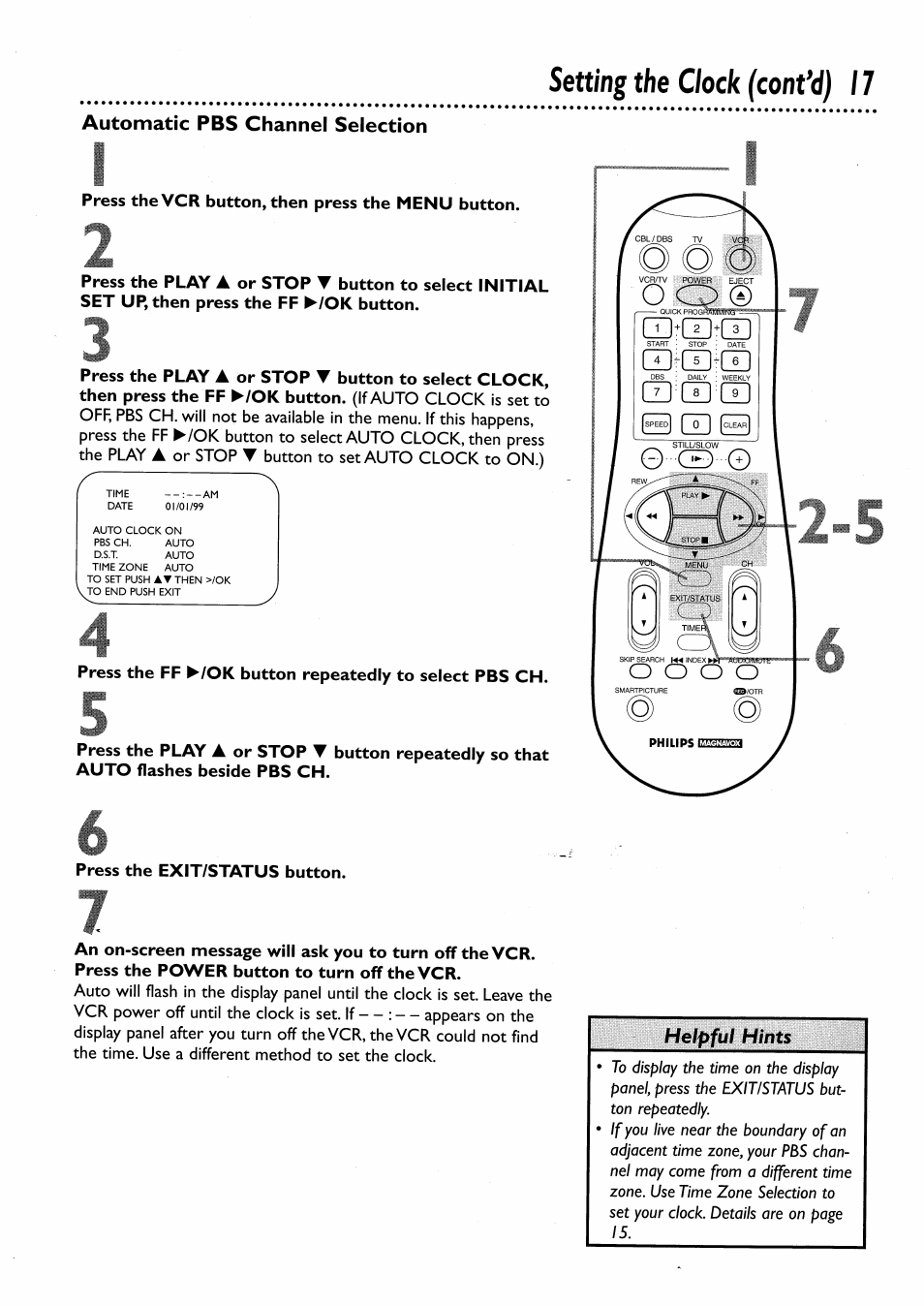 Press the vcr button, then press the menu button, Press the exit/status button, Setting the clock (confd) 1 | Philips VRA456AT User Manual | Page 17 / 58