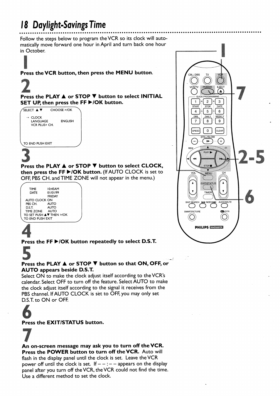 Press the vcr button, then press the menu button, Press the exit/status button, Daylighusavìngstime | Philips VRA456AT User Manual | Page 18 / 58