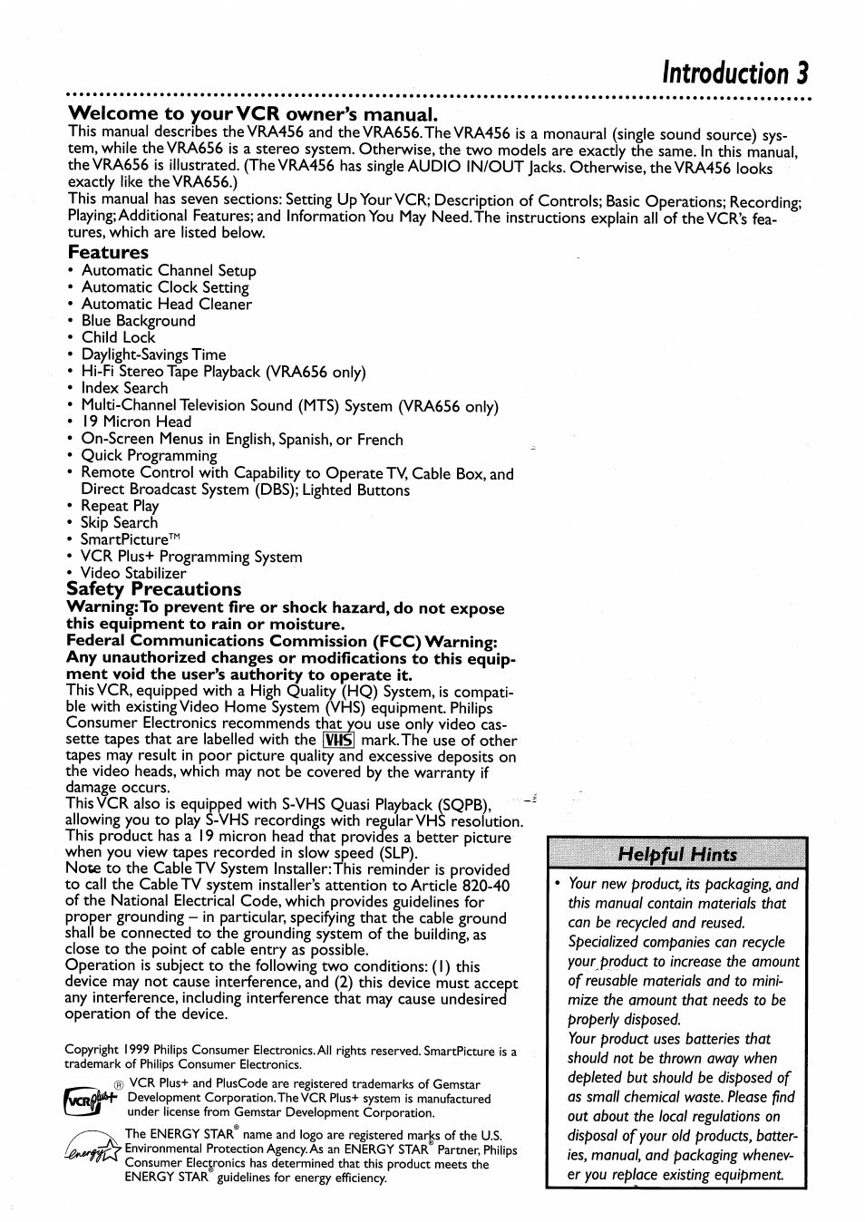 Introduction 3, Welcome to your vcr owner^s manual, Features | Safety precautions, Helpful hints | Philips VRA456AT User Manual | Page 3 / 58