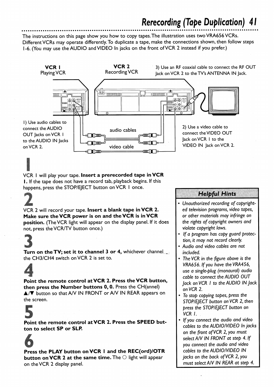 Vcr i, Rerecording (tape duplication) 41 | Philips VRA456AT User Manual | Page 41 / 58