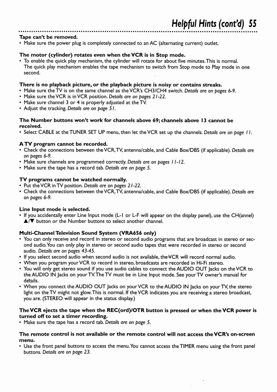 Tape can’t be removed, Tv programs cannot be watched normally, Line input mode is selected | Menu, Helpful hints (confd) 55 | Philips VRA456AT User Manual | Page 53 / 58