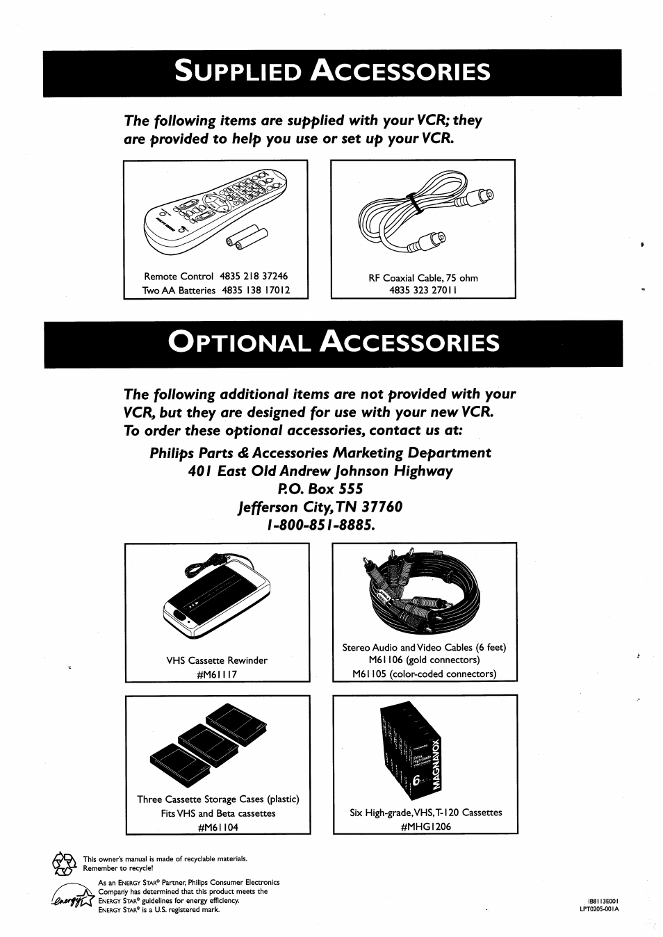 Upplied, Ccessories, Ptional | Philips VRA456AT User Manual | Page 58 / 58