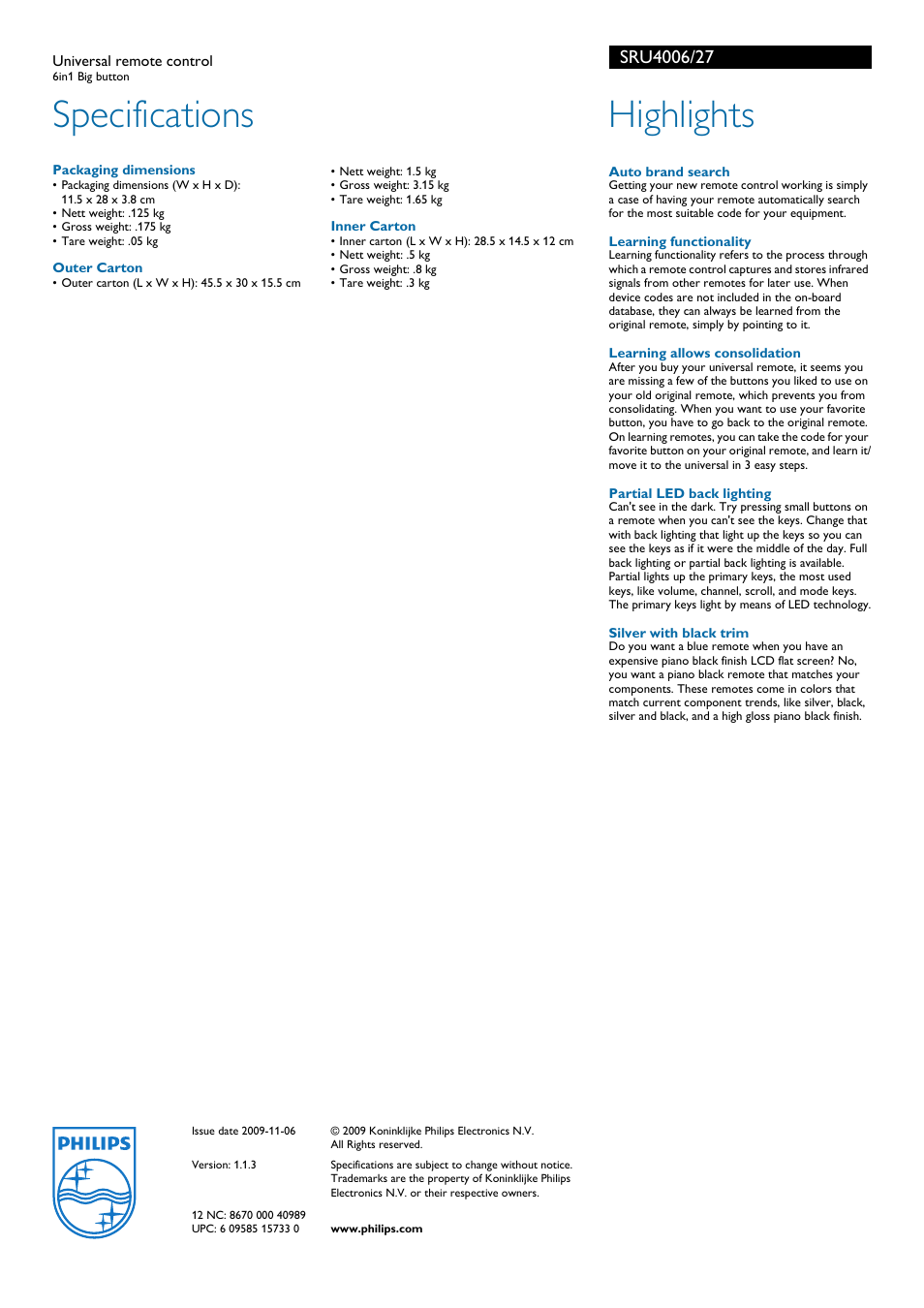 Specifications, Highlights | Philips SRU4006-27 User Manual | Page 2 / 2