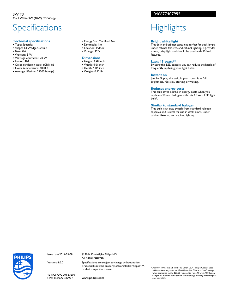 Specifications, Highlights | Philips 046677407995 User Manual | Page 2 / 2