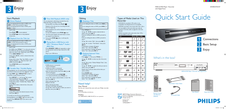 Philips DVDR3575H-37B User Manual | 2 pages