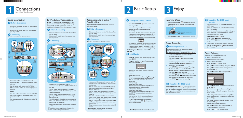 Enjoy, Connections, Basic setup | Start dubbing, Inserting discs, Start recording a, Basic connection a, Rf modulator connection, Connection to a cable / satellite box, Pause live tv (hdd only) (cont’d) | Philips DVDR3575H-37B User Manual | Page 2 / 2
