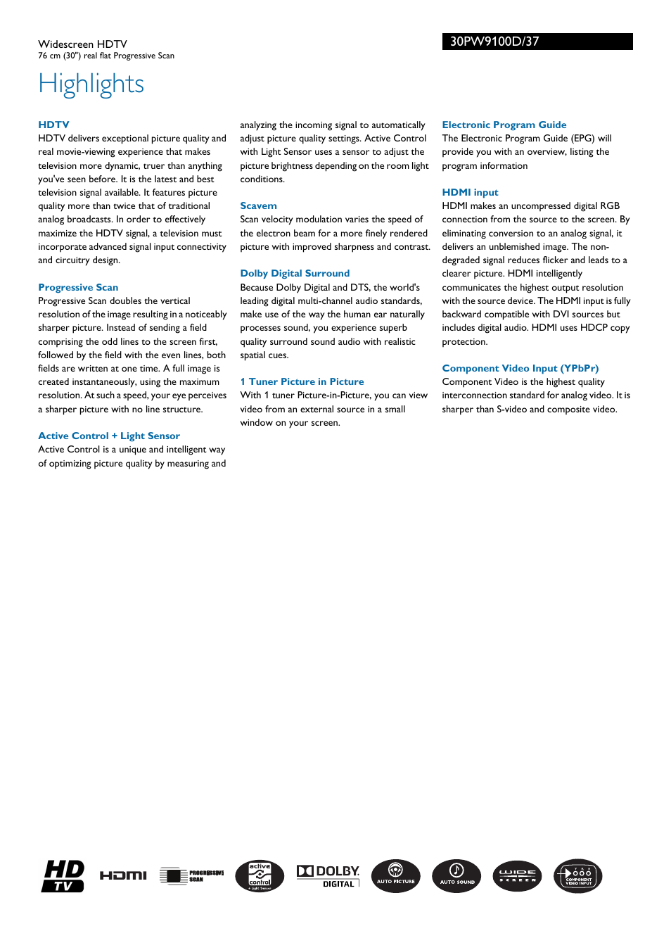Highlights | Philips 30PW9100D-37 User Manual | Page 2 / 3