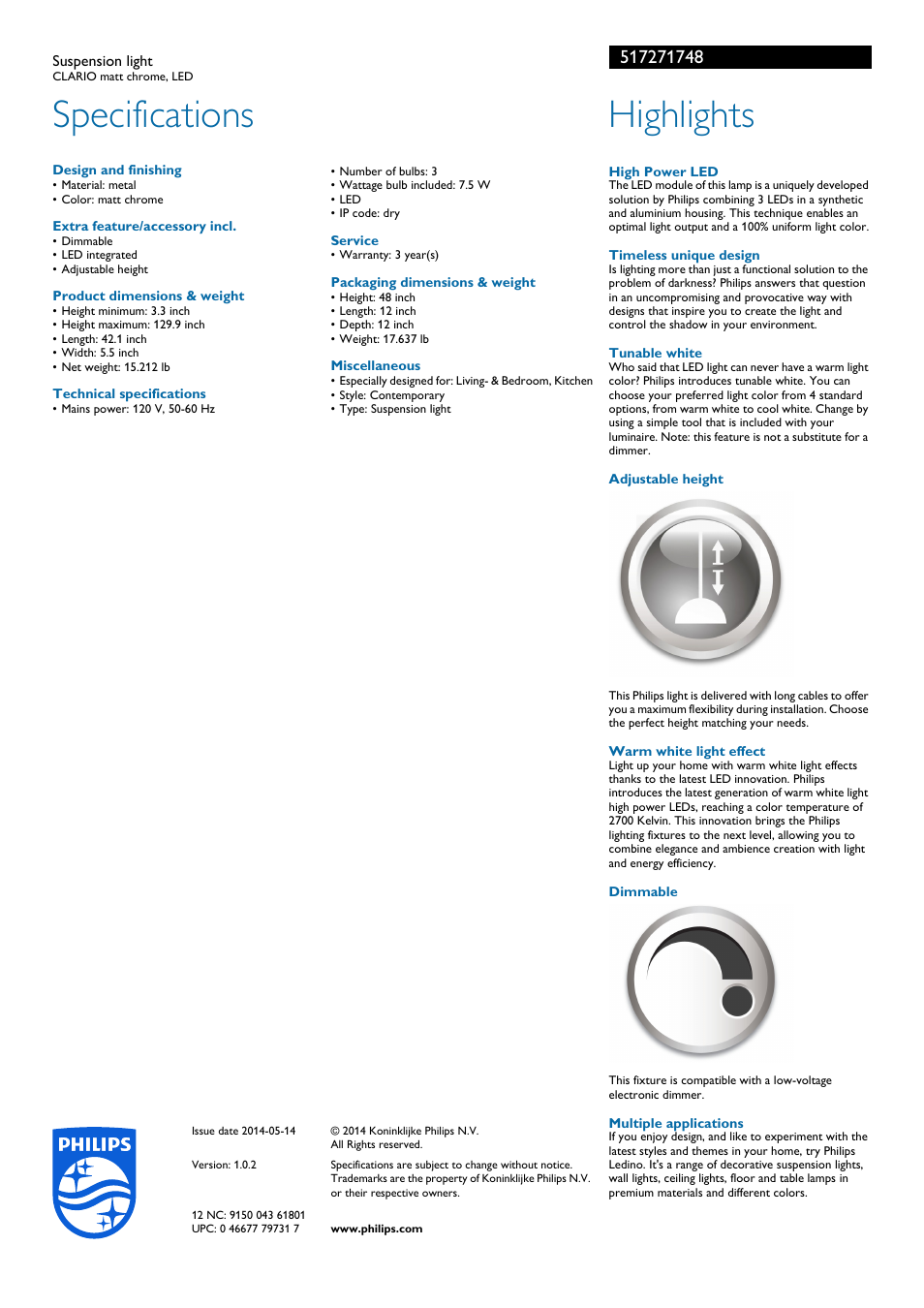 Specifications, Highlights | Philips 517271748 User Manual | Page 2 / 2