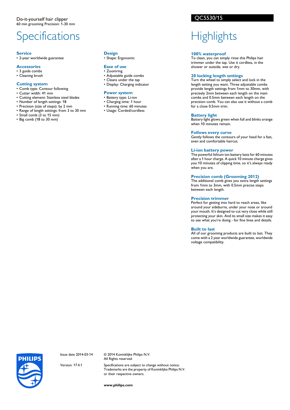 Specifications, Highlights | Philips QC5530-15 User Manual | Page 2 / 2