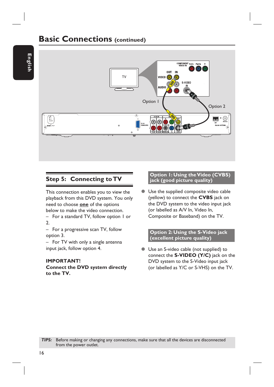 Basic connections, Step 5: connecting to tv | Philips HTS3450-37 User Manual | Page 16 / 51