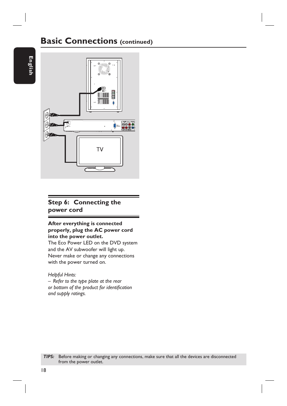 Basic connections, Step 6: connecting the power cord, Continued) | Philips HTS3450-37 User Manual | Page 18 / 51