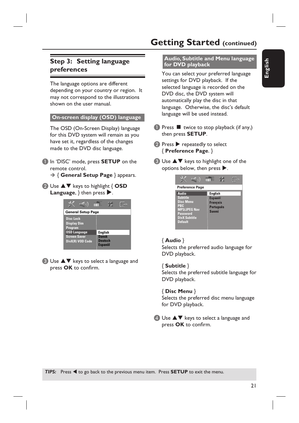 Getting started, Step 3: setting language preferences | Philips HTS3450-37 User Manual | Page 21 / 51