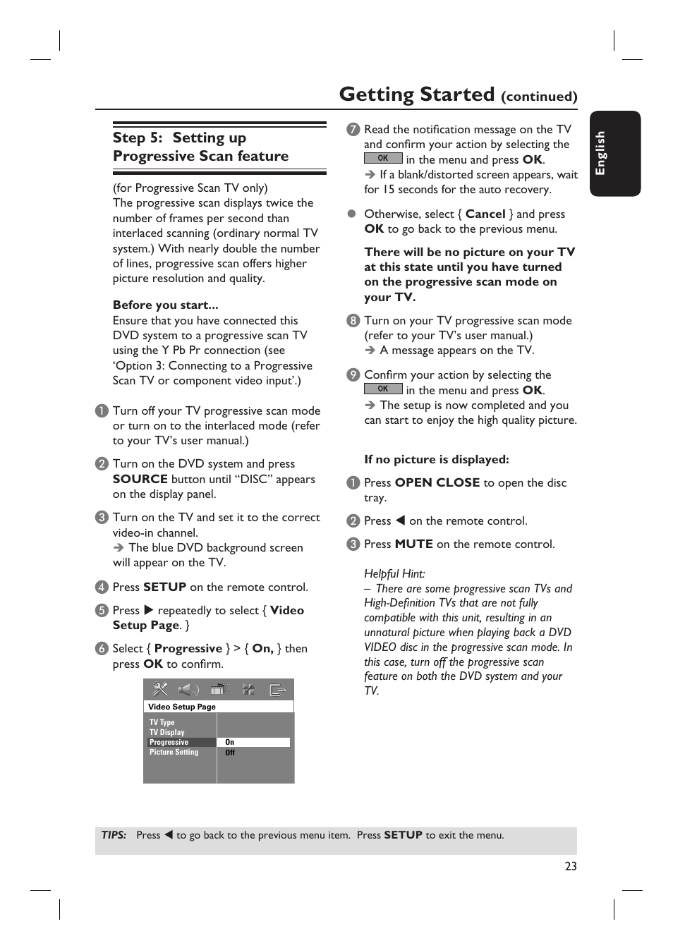 Getting started, Step 5: setting up progressive scan feature | Philips HTS3450-37 User Manual | Page 23 / 51