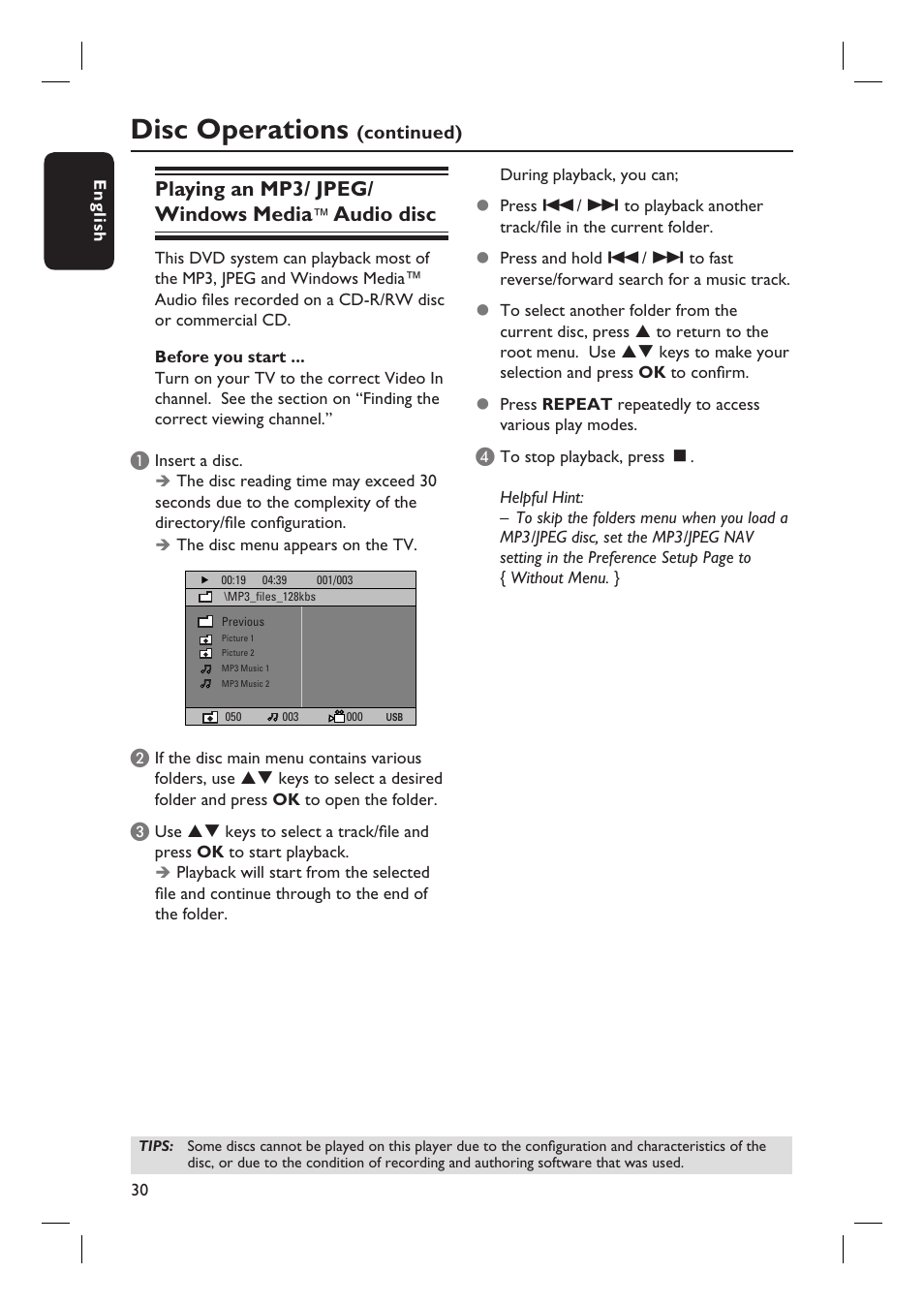 Disc operations, Playing an mp3/ jpeg/ windows media, Audio disc | Philips HTS3450-37 User Manual | Page 30 / 51