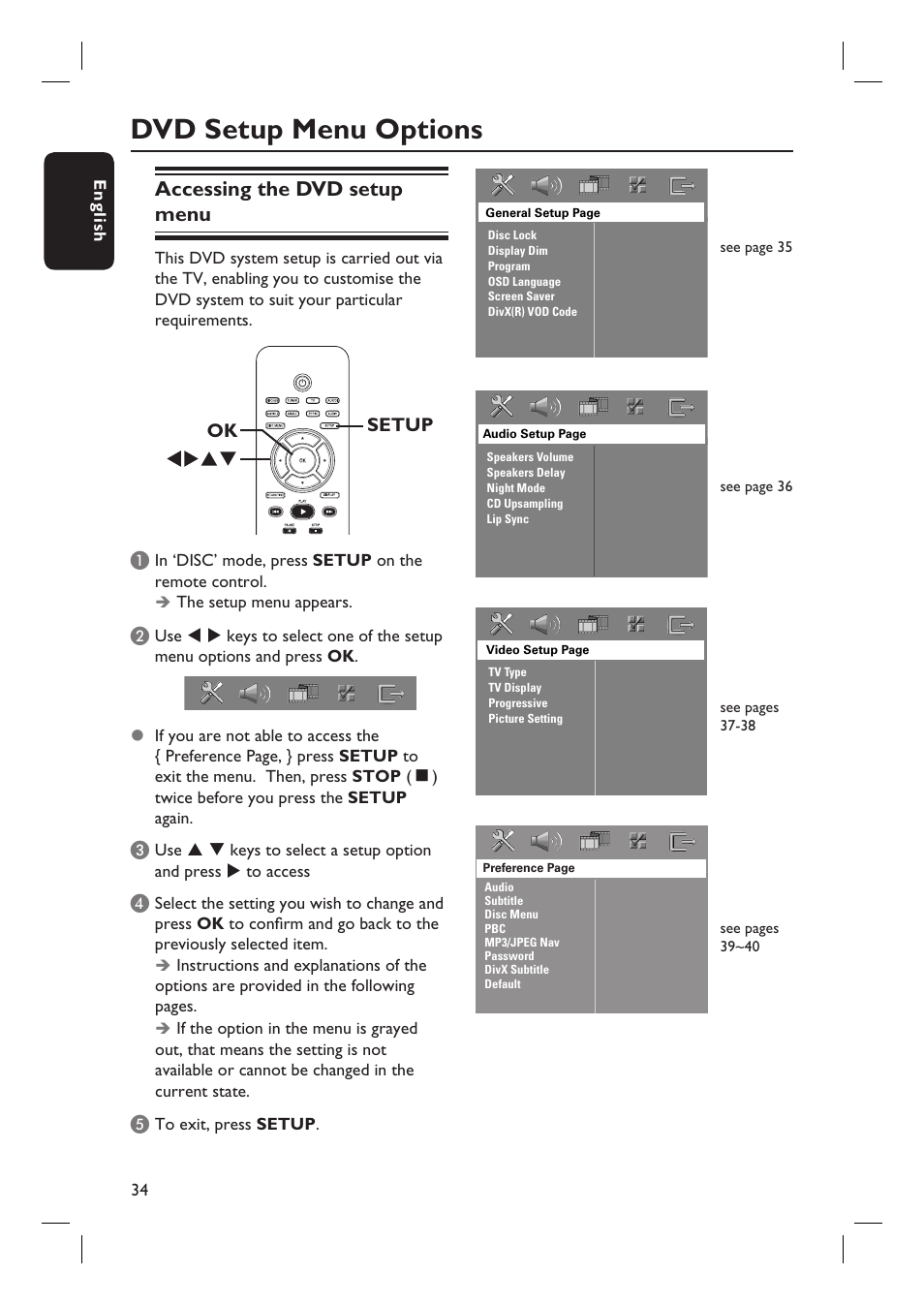 Dvd setup menu options, Accessing the dvd setup menu | Philips HTS3450-37 User Manual | Page 34 / 51