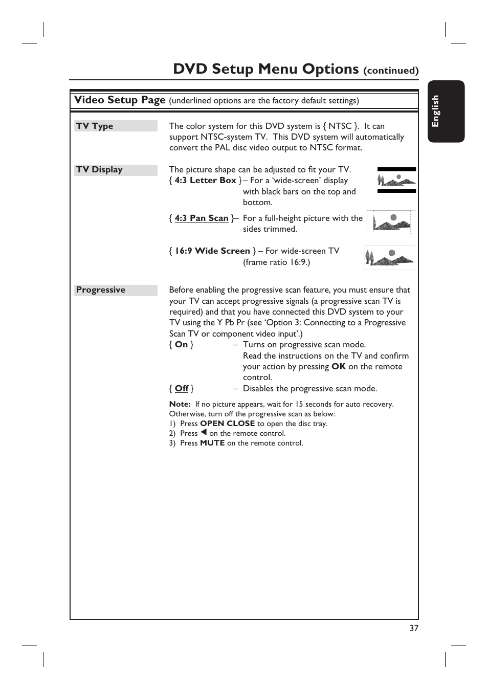 Dvd setup menu options | Philips HTS3450-37 User Manual | Page 37 / 51