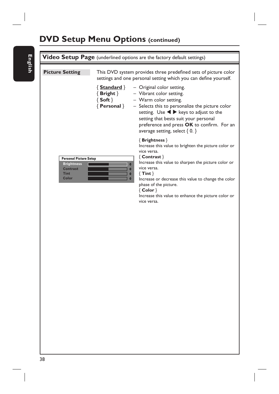 Dvd setup menu options, Video setup page | Philips HTS3450-37 User Manual | Page 38 / 51