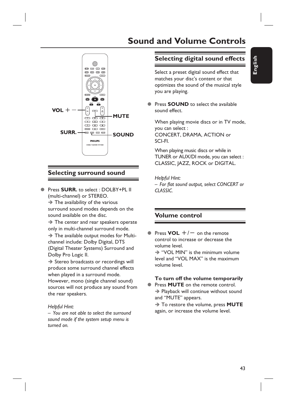 Sound and volume controls | Philips HTS3450-37 User Manual | Page 43 / 51