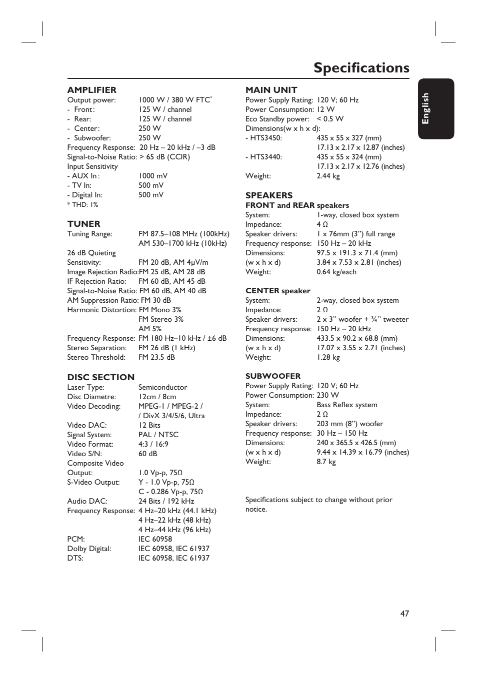 Specifi cations | Philips HTS3450-37 User Manual | Page 47 / 51