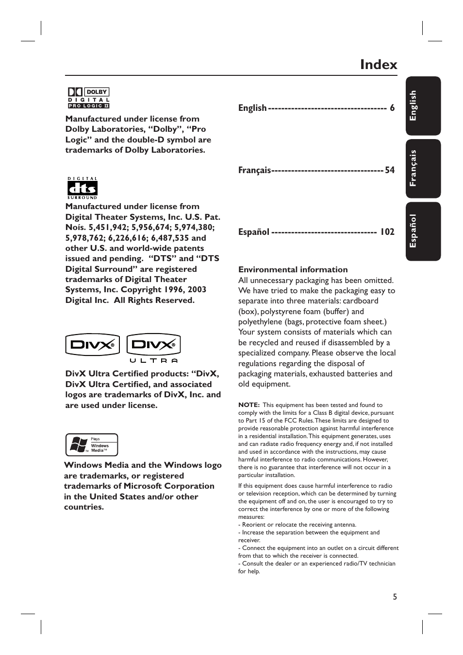 Index | Philips HTS3450-37 User Manual | Page 5 / 51