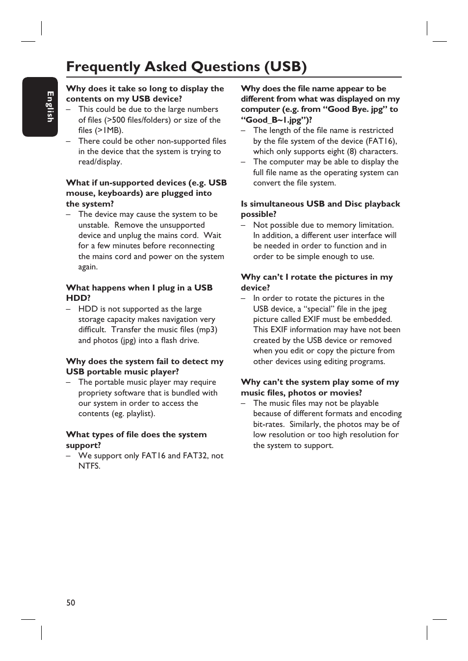 Frequently asked questions (usb) | Philips HTS3450-37 User Manual | Page 50 / 51