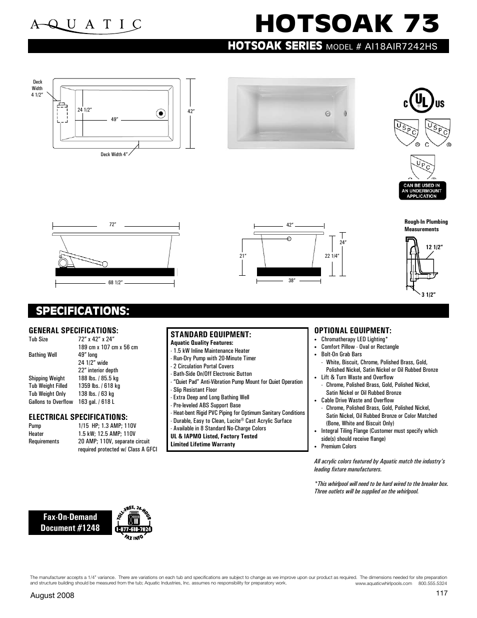 Aquatic HOTSOAK 73 AI18AIR7242HS User Manual | 1 page
