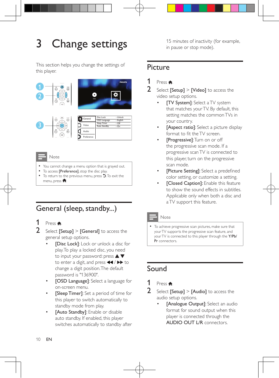 3 change settings, General (sleep, standby...), Picture | Sound, General (sleep, standby...) 1, Picture 1, Sound 1 | Philips DVP3602-F7 User Manual | Page 10 / 16