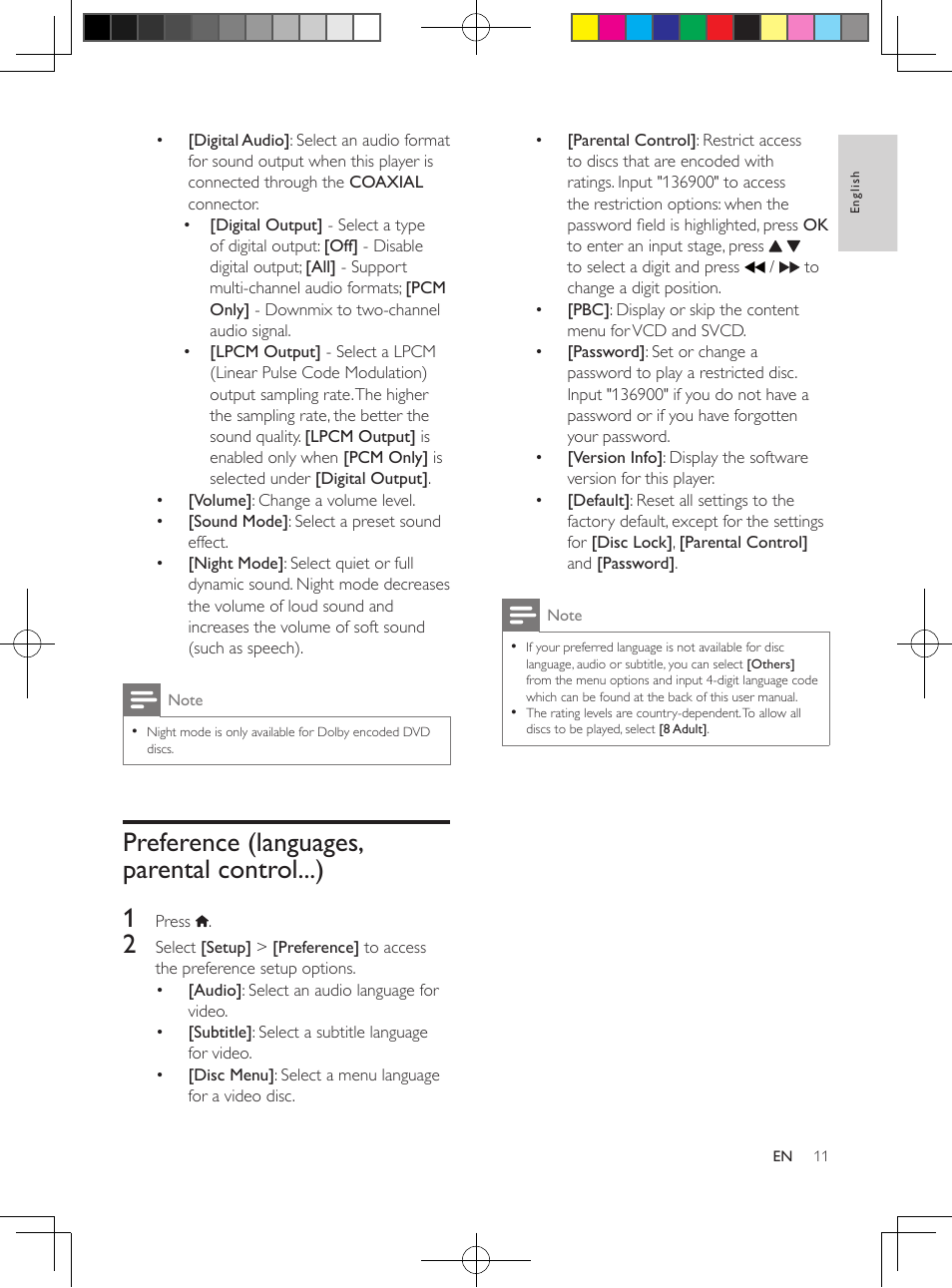 Preference (languages, parental control...), Preference (languages, parental, Control...) | Preference (languages, parental control...) 1 | Philips DVP3602-F7 User Manual | Page 11 / 16