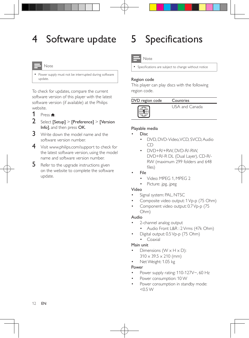 4 software update, 5 specifications | Philips DVP3602-F7 User Manual | Page 12 / 16