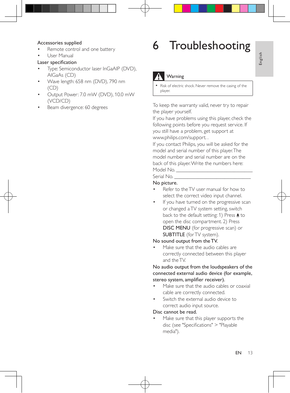 6 troubleshooting | Philips DVP3602-F7 User Manual | Page 13 / 16