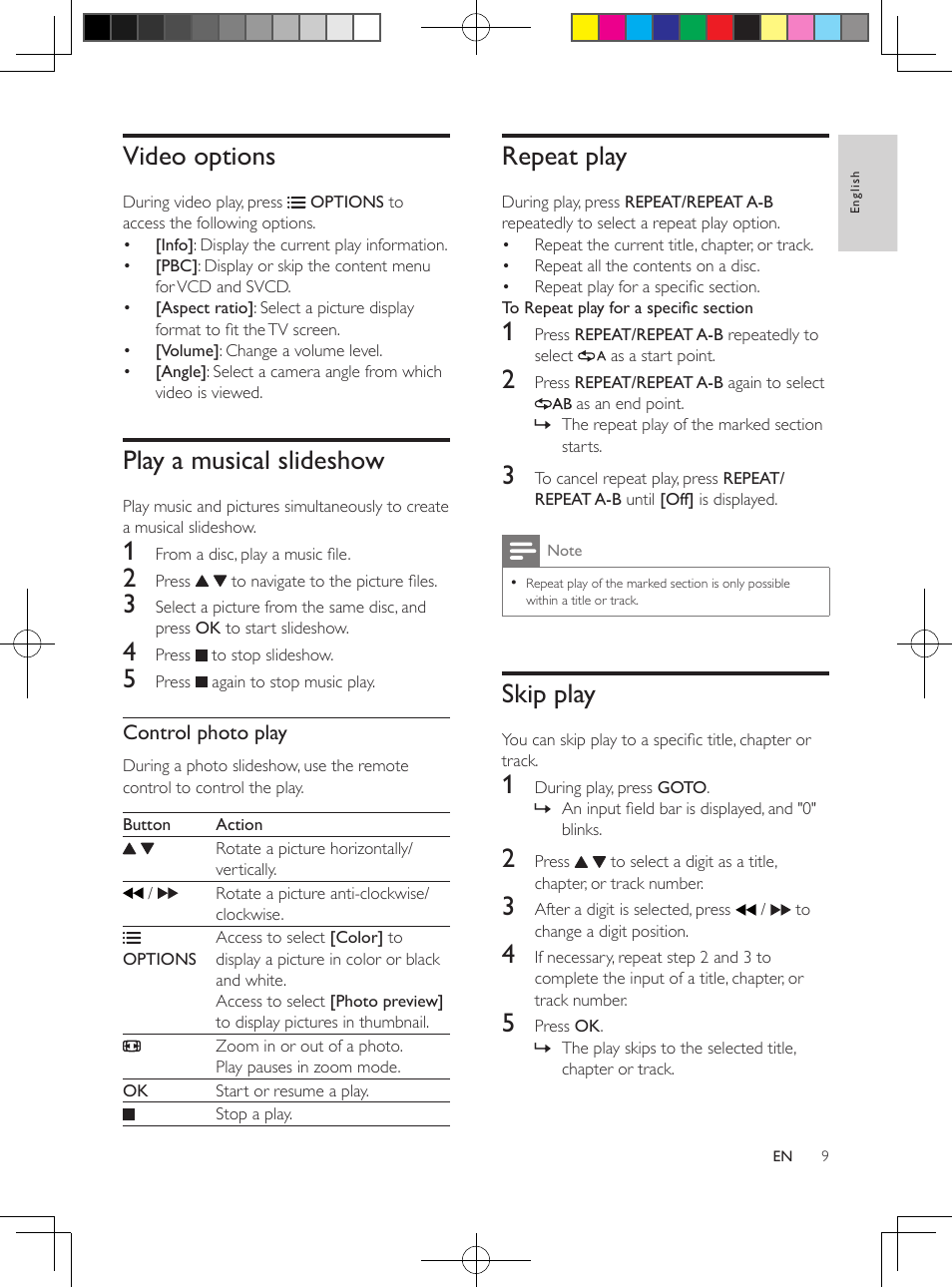 Video options, Play a musical slideshow, Repeat play | Skip play | Philips DVP3602-F7 User Manual | Page 9 / 16