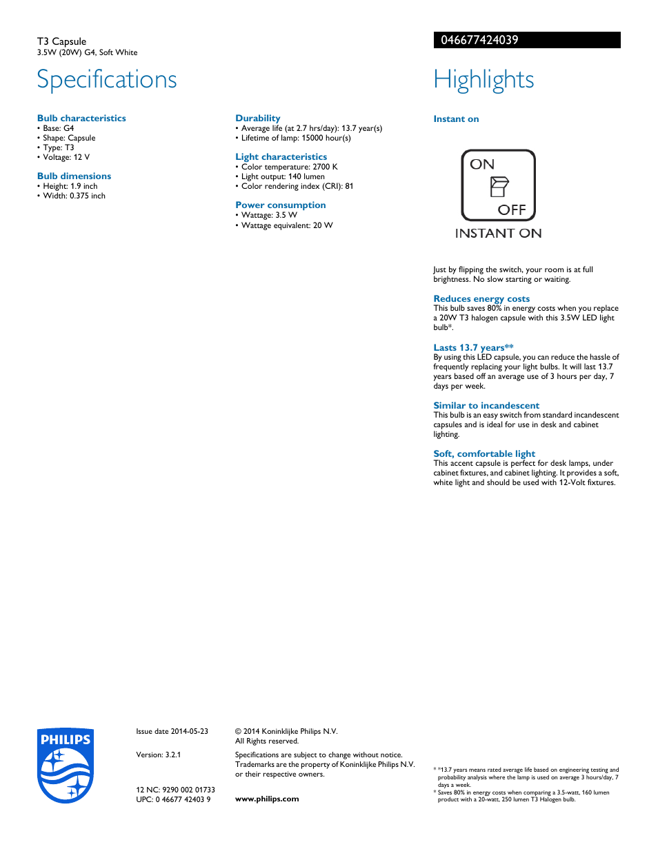 Specifications, Highlights | Philips AccentLED T3 Capsule 046677424039 3.5W 20W G4 Soft White User Manual | Page 2 / 2