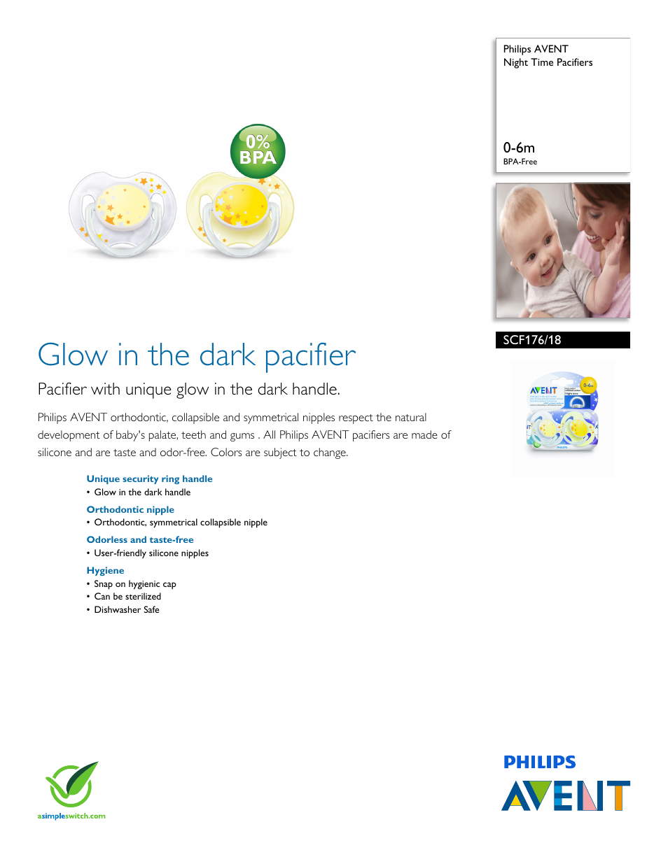 Philips AVENT Night Time Pacifiers SCF176-18 0-6m BPA-Free User Manual | 2 pages