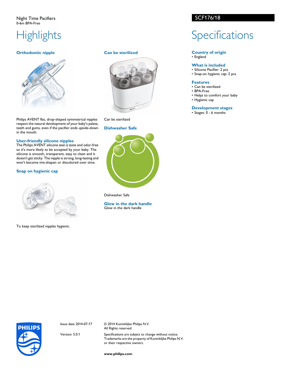 Highlights, Specifications | Philips AVENT Night Time Pacifiers SCF176-18 0-6m BPA-Free User Manual | Page 2 / 2