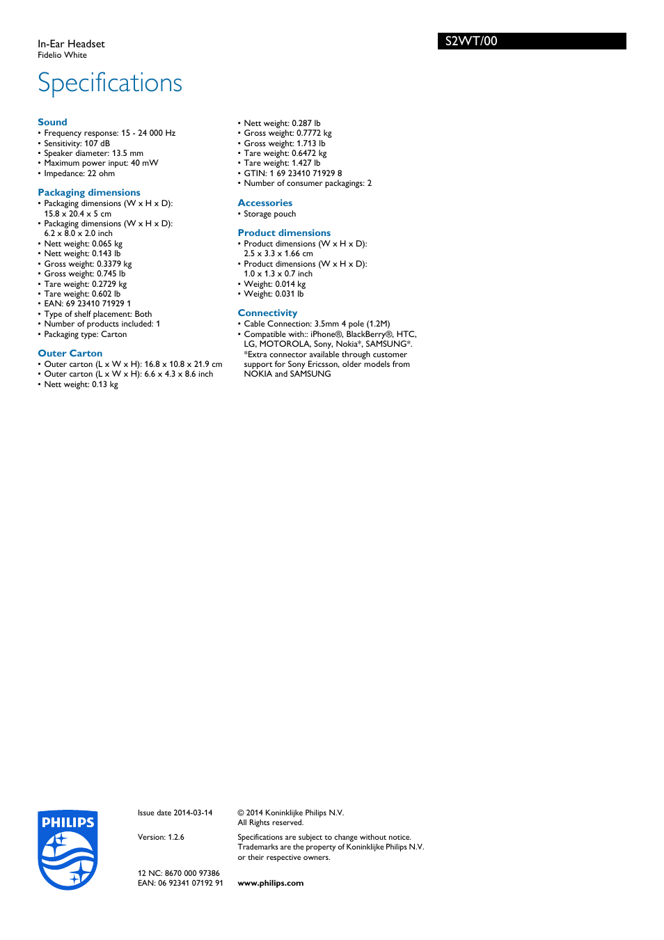 Specifications, S2wt/00 | Philips S2WT-00 User Manual | Page 3 / 3