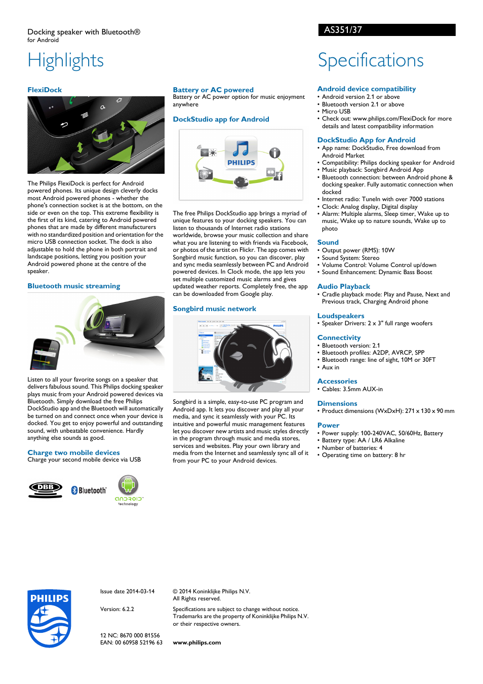 Highlights, Specifications | Philips AS351-37 User Manual | Page 2 / 2