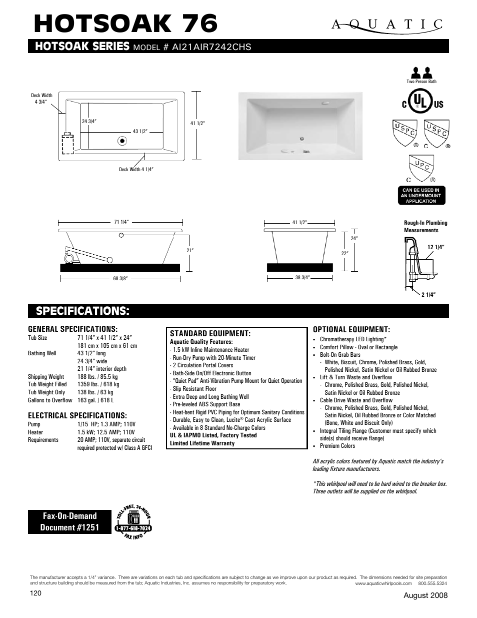 Aquatic HOTSOAK 76 AI21AIR7242CHS User Manual | 1 page