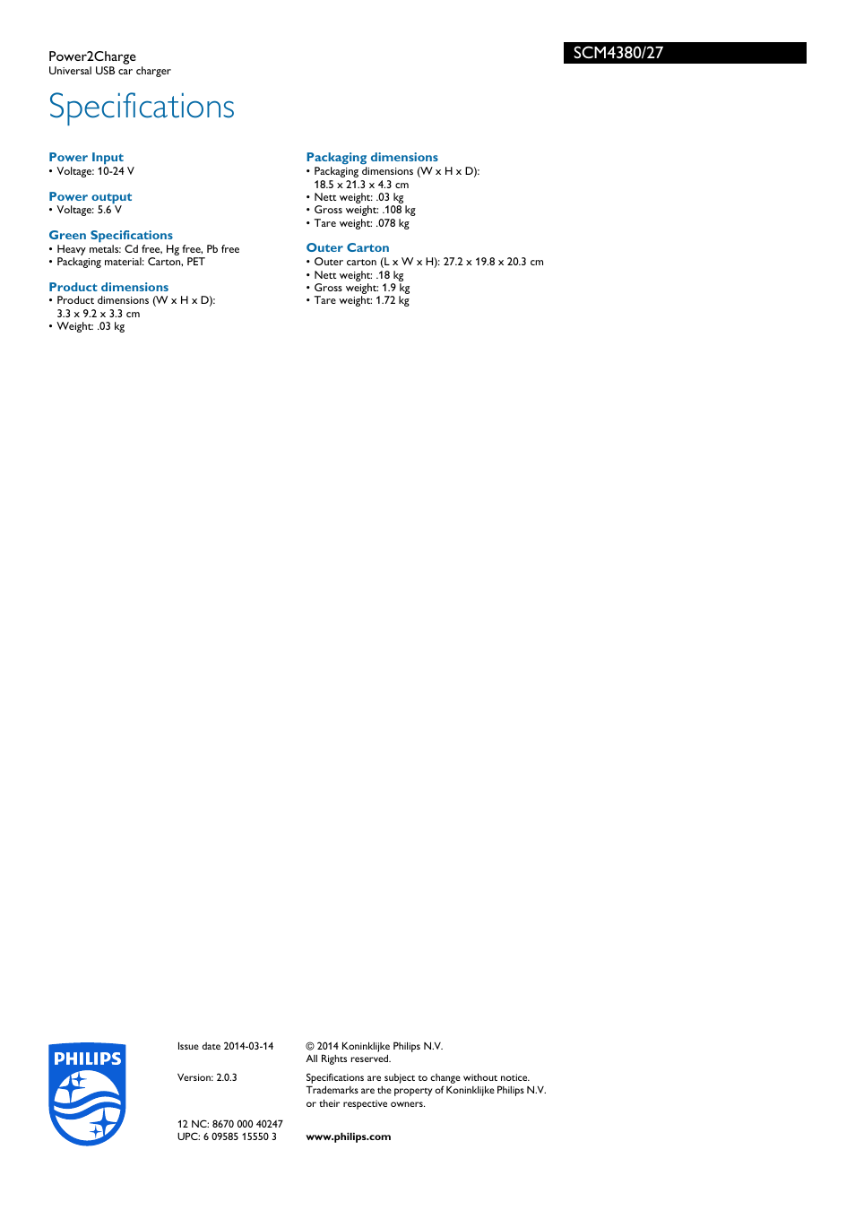Specifications | Philips SCM4380-27 User Manual | Page 2 / 2