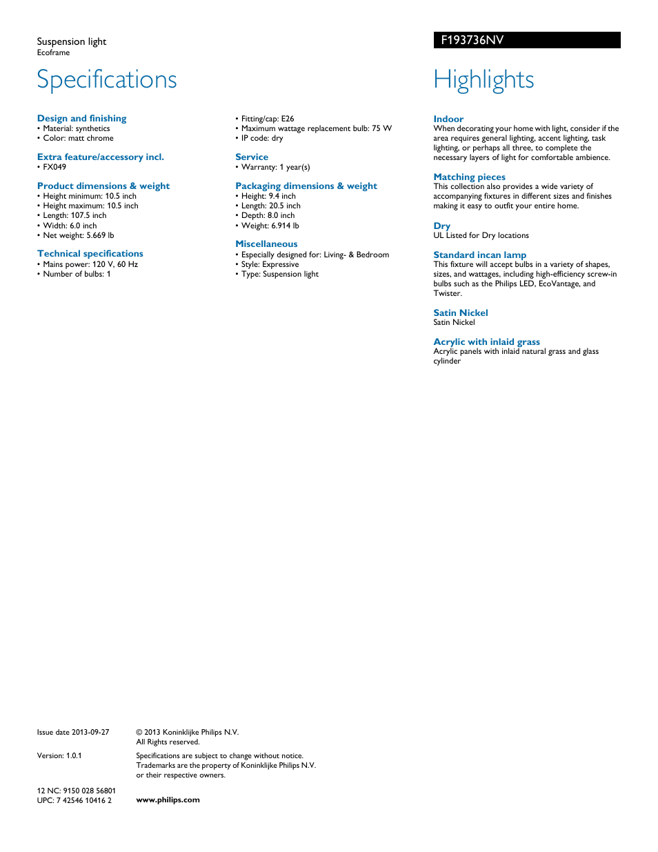 Specifications, Highlights | Philips F193736NV User Manual | Page 2 / 2