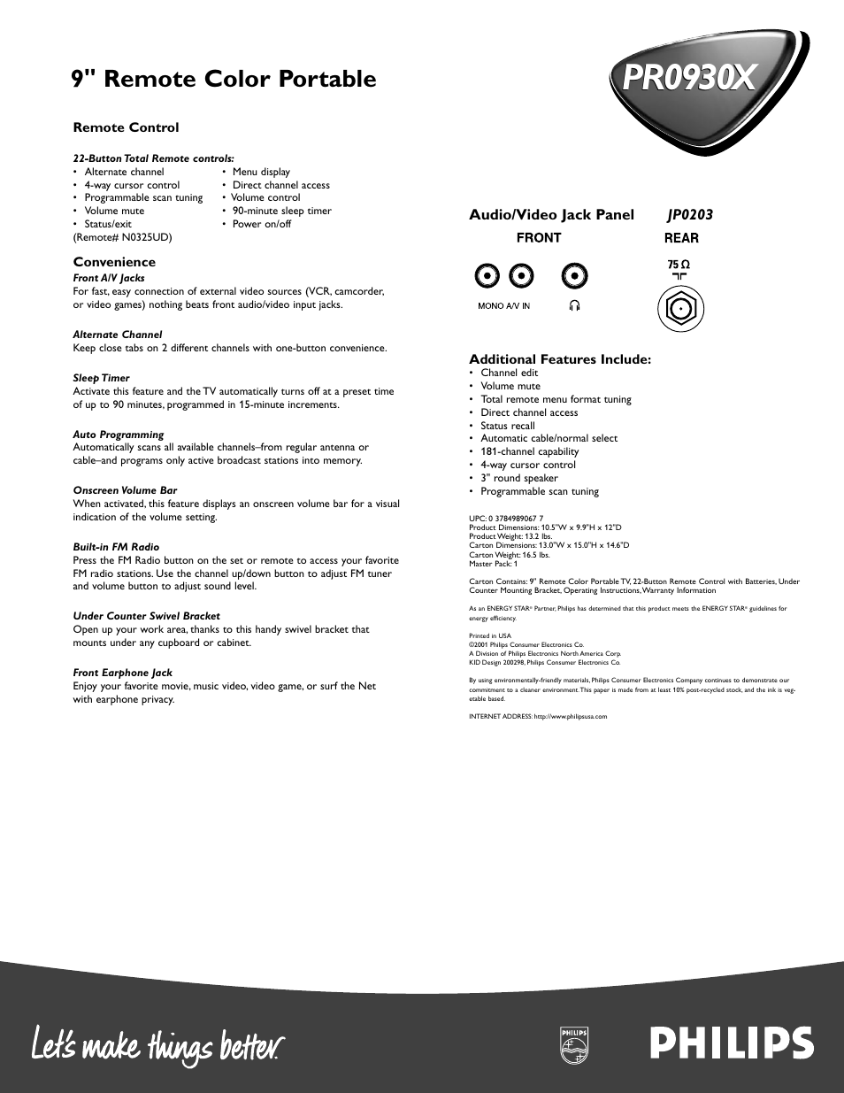 Pr0930x, 9" remote color portable, Audio/video jack panel jp0203 | Philips PR0930X User Manual | Page 2 / 2