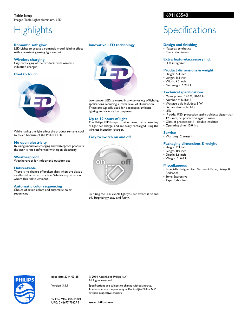 Highlights, Specifications | Philips 691165548 User Manual | Page 2 / 2