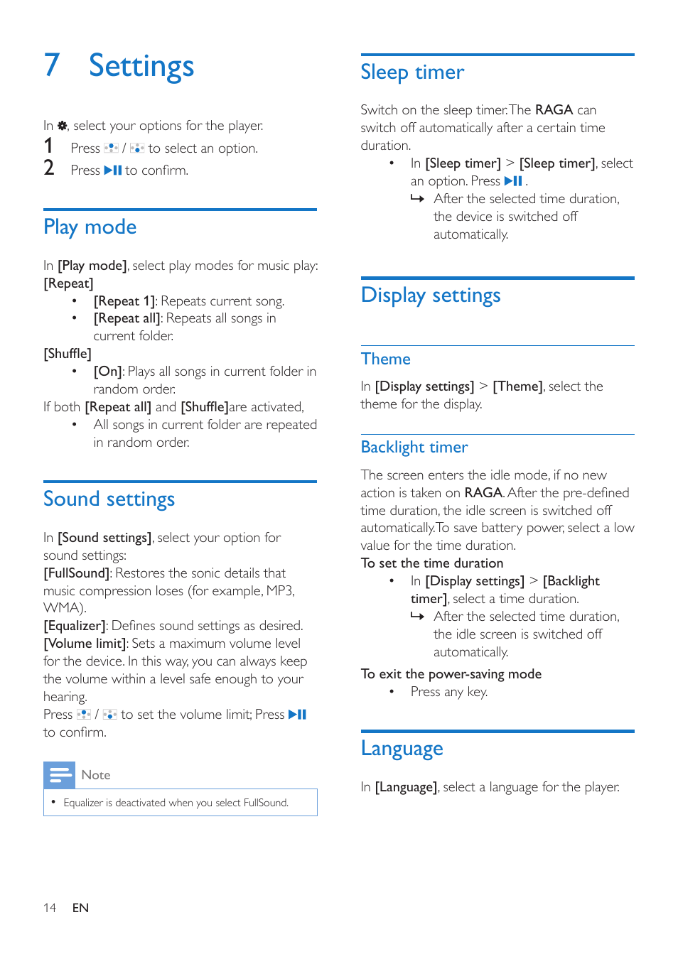 7 settings, Play mode, Sound settings | Sleep timer, Display settings, Theme, Backlight timer, Language, Theme 14, Language 14 | Philips SA4RGA04KF-37 User Manual | Page 16 / 22